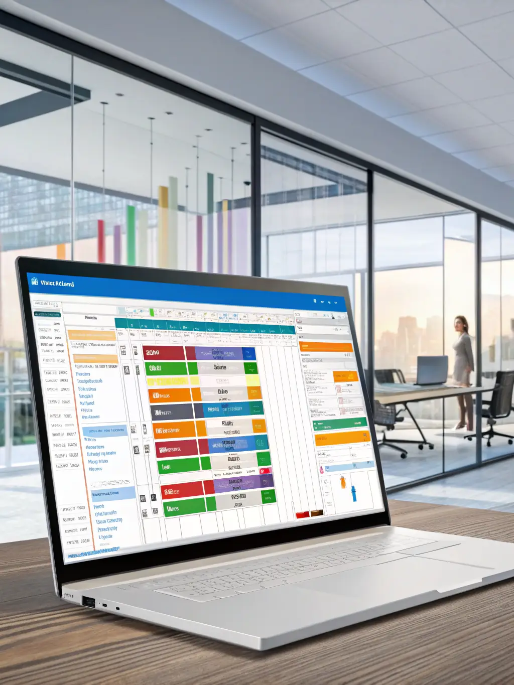 A clean, modern user interface of Uptech Solutions' Project Management Tool, showcasing a Gantt chart with tasks, timelines, and team member assignments. The image should convey ease of use and efficient project tracking.