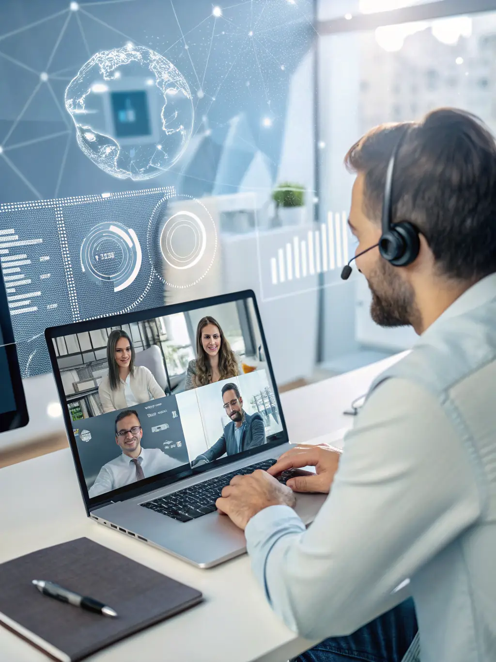 An illustrative graphic representing Uptech Solutions' commitment to providing 24/7 customer support, showing a support agent assisting a client with a software issue.
